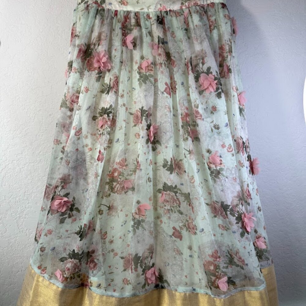 Doll Ivory Pink Gold Floral Layered Long Full Skirt size 34
